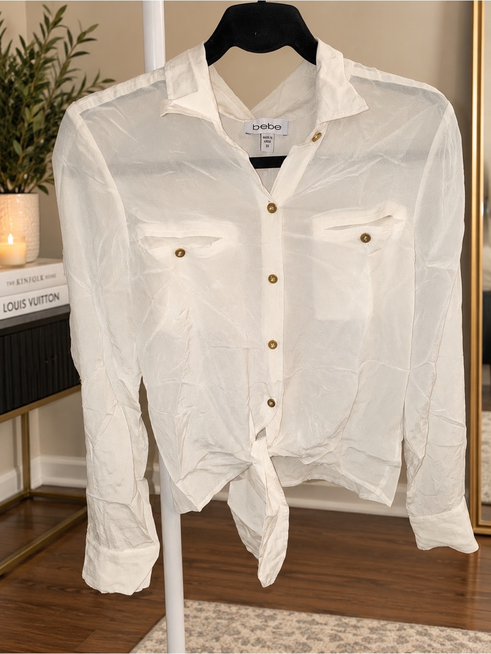 bebe Silk Button Down Shirt in White XS